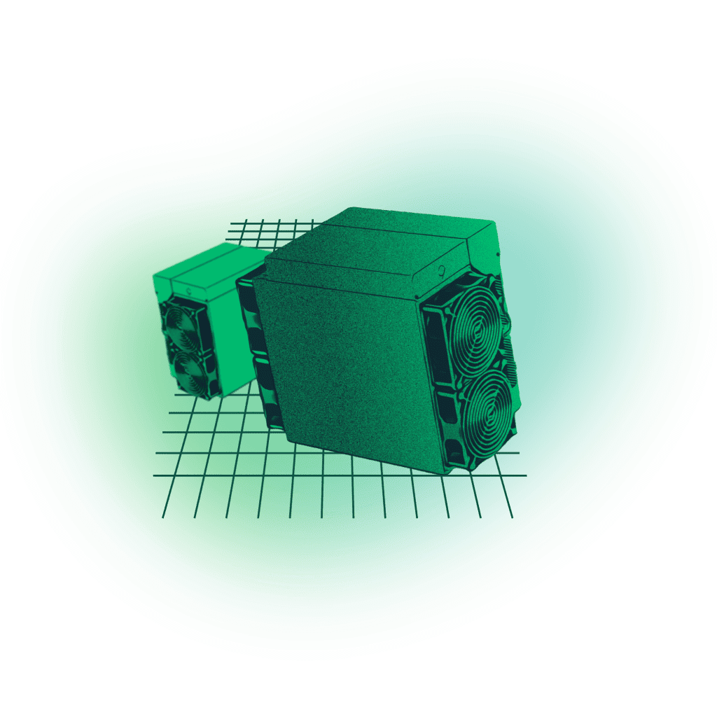 Two Bitcoin mining machines are placed on a grid background. The image has a green tint with a wavy, gradient border surrounding the ING Mining devices. The cooling fans are visible on their sides.