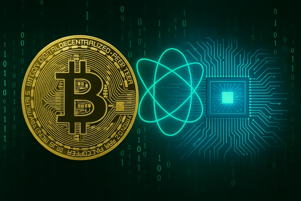 A gold Bitcoin coin glowing in front of futuristic quantum computing circuits, representing the impact of quantum computing on cryptocurrency security.
