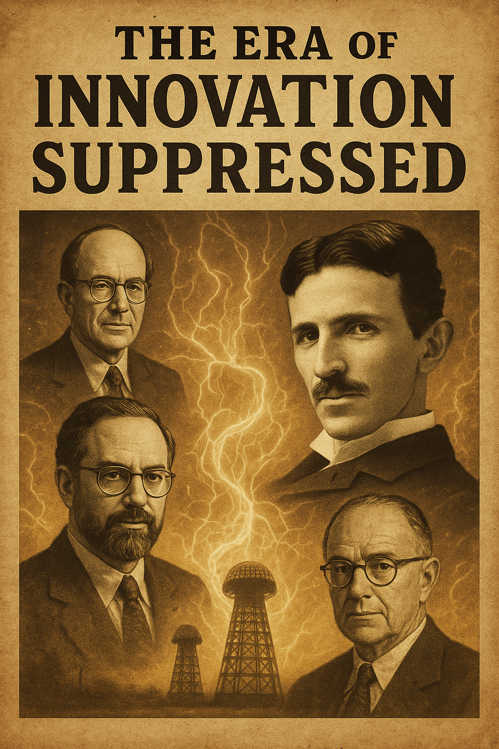Portrait collage of pioneering inventors under lightning, symbolizing the suppression of innovation and free energy research.
