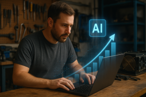 AI-driven economic growth concept showing a professional working on a laptop with artificial intelligence visualization