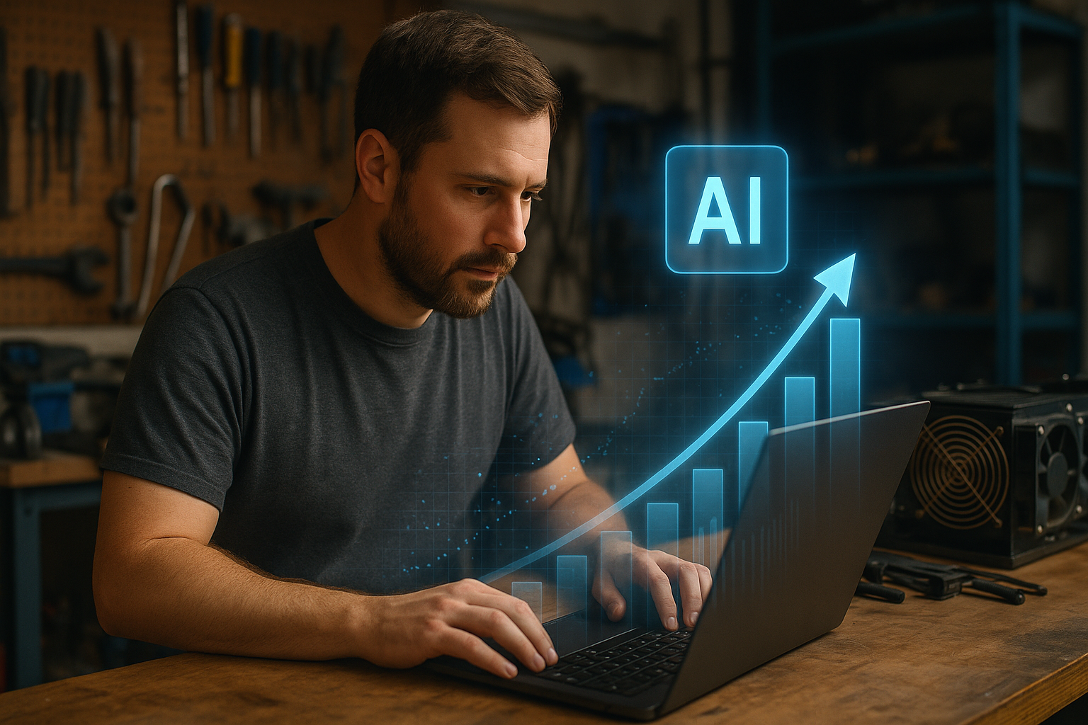 AI-driven economic growth concept showing a professional working on a laptop with artificial intelligence visualization