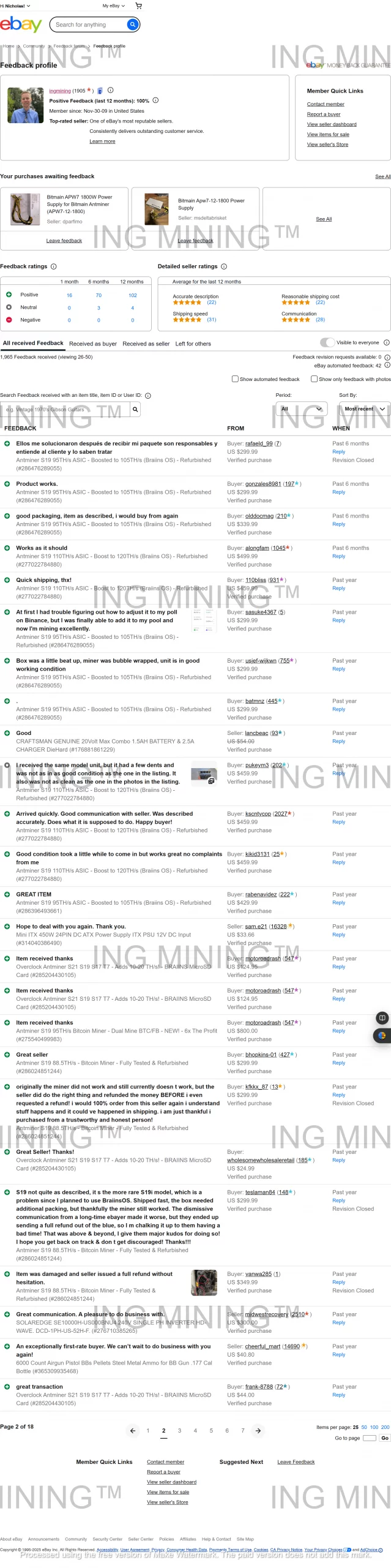ING Mining eBay review screenshot with multiple verified buyers