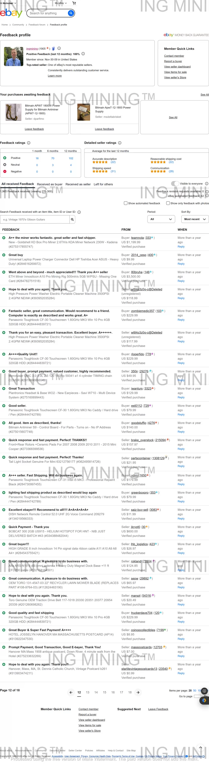 Batch of eBay reviews demonstrating ING Mining customer satisfaction