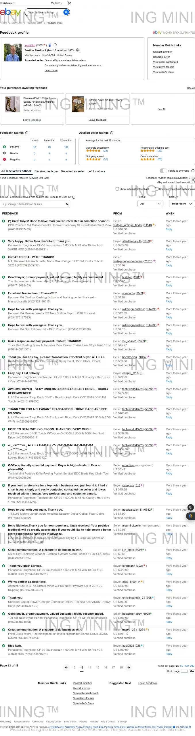 Multiple verified eBay reviews for ING Mining products