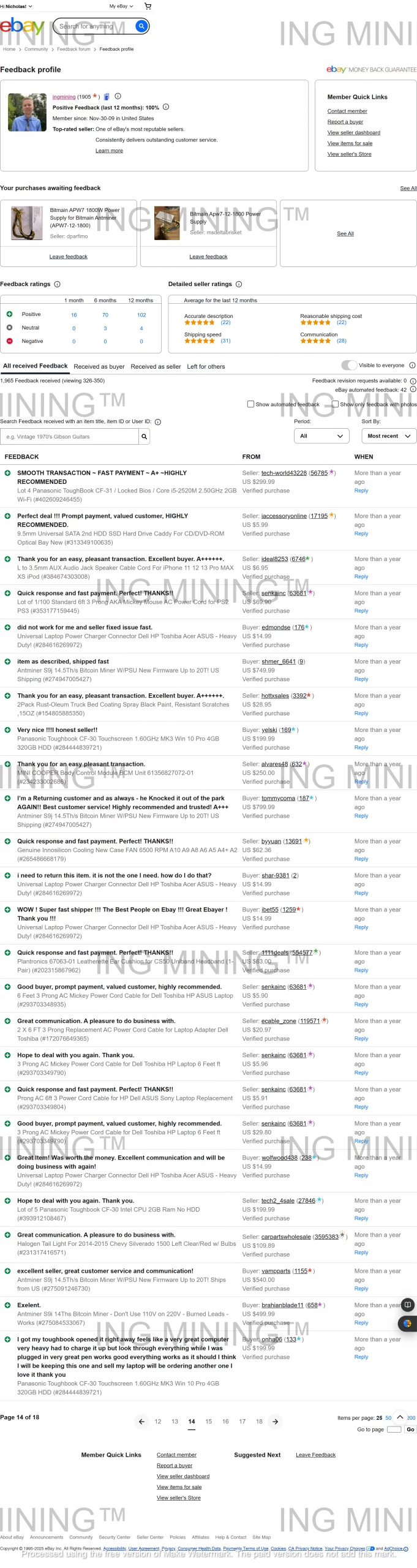 eBay reviews showcasing ING Mining customer feedback