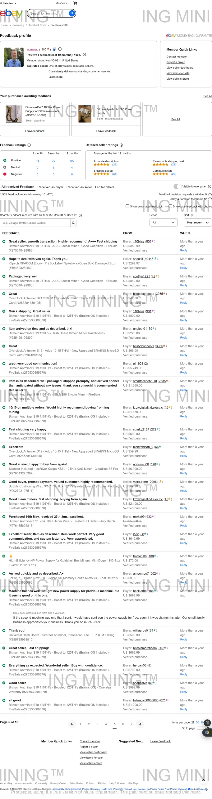 eBay customer feedback batch for ING Mining mining equipment