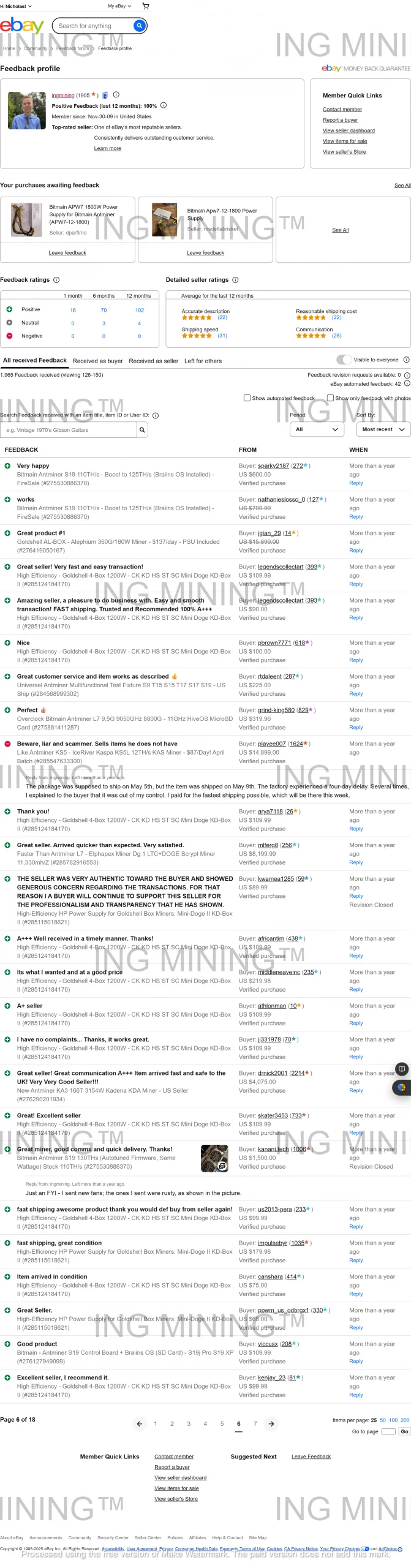 ING Mining eBay review screenshot showing multiple verified purchases