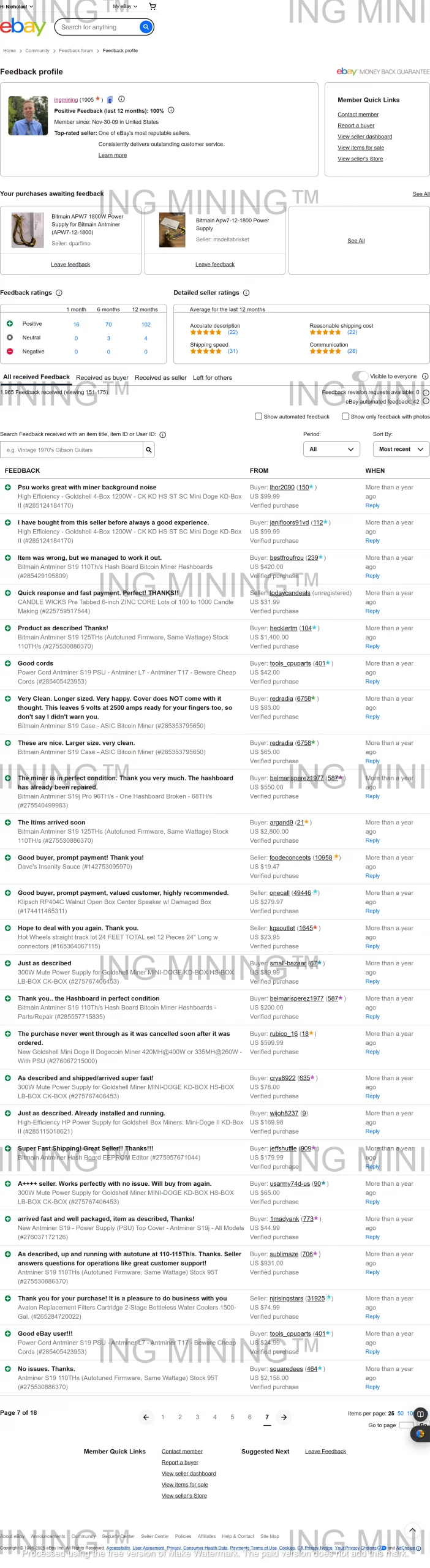 Verified eBay feedback showing ING Mining Bitcoin miner reviews