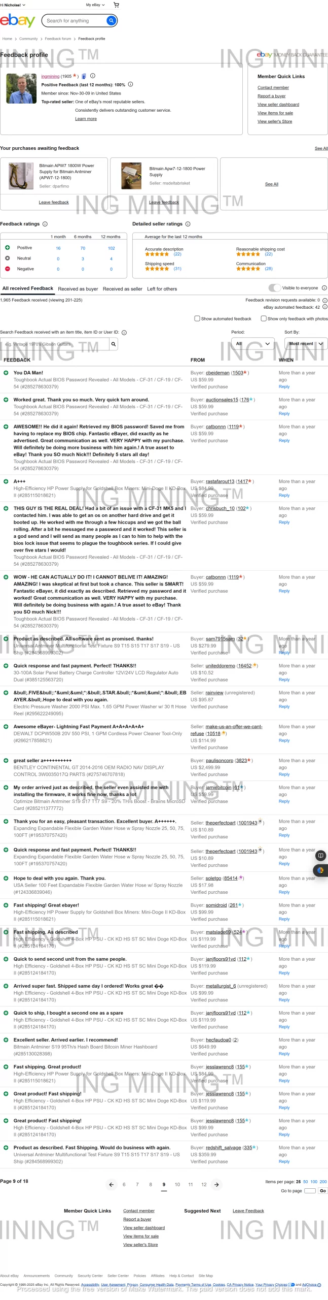 ING Mining eBay review screenshot with multiple verified buyers