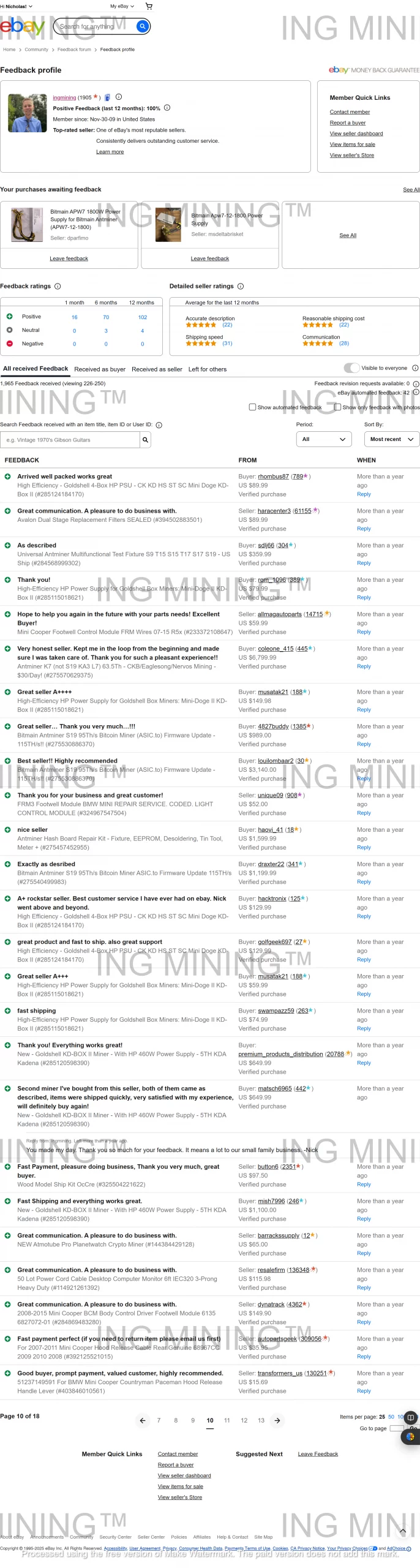 eBay feedback screenshot showing satisfied customers for ING Mining