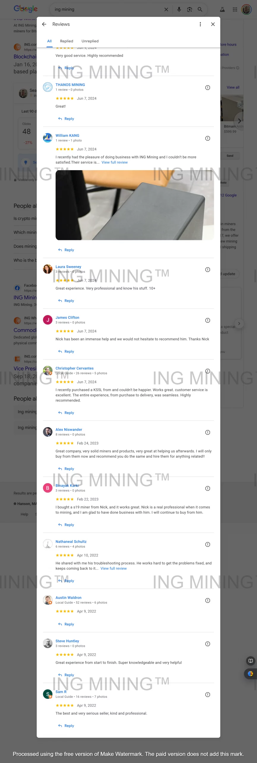 Google reviews praising ING Mining Bitcoin mining hardware