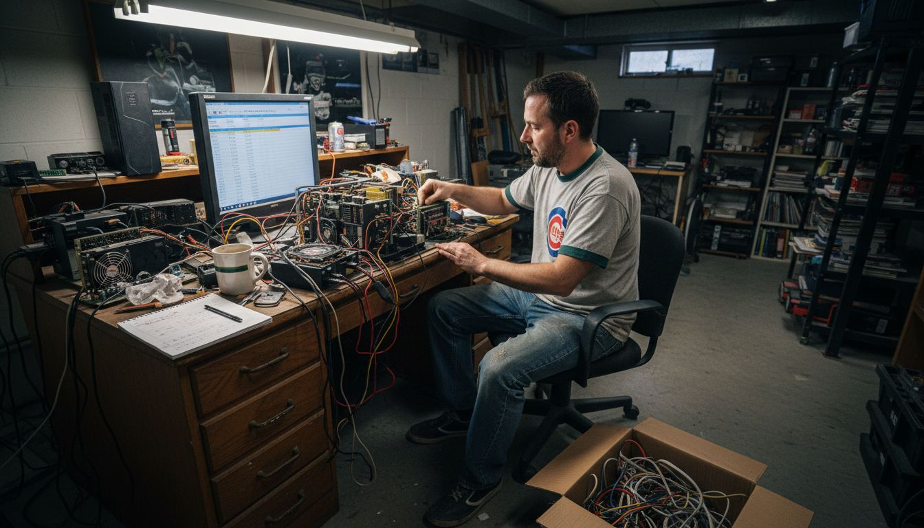 Man building home altcoin mining setup