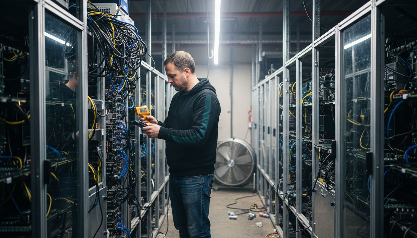 Crypto mining operator checking server racks