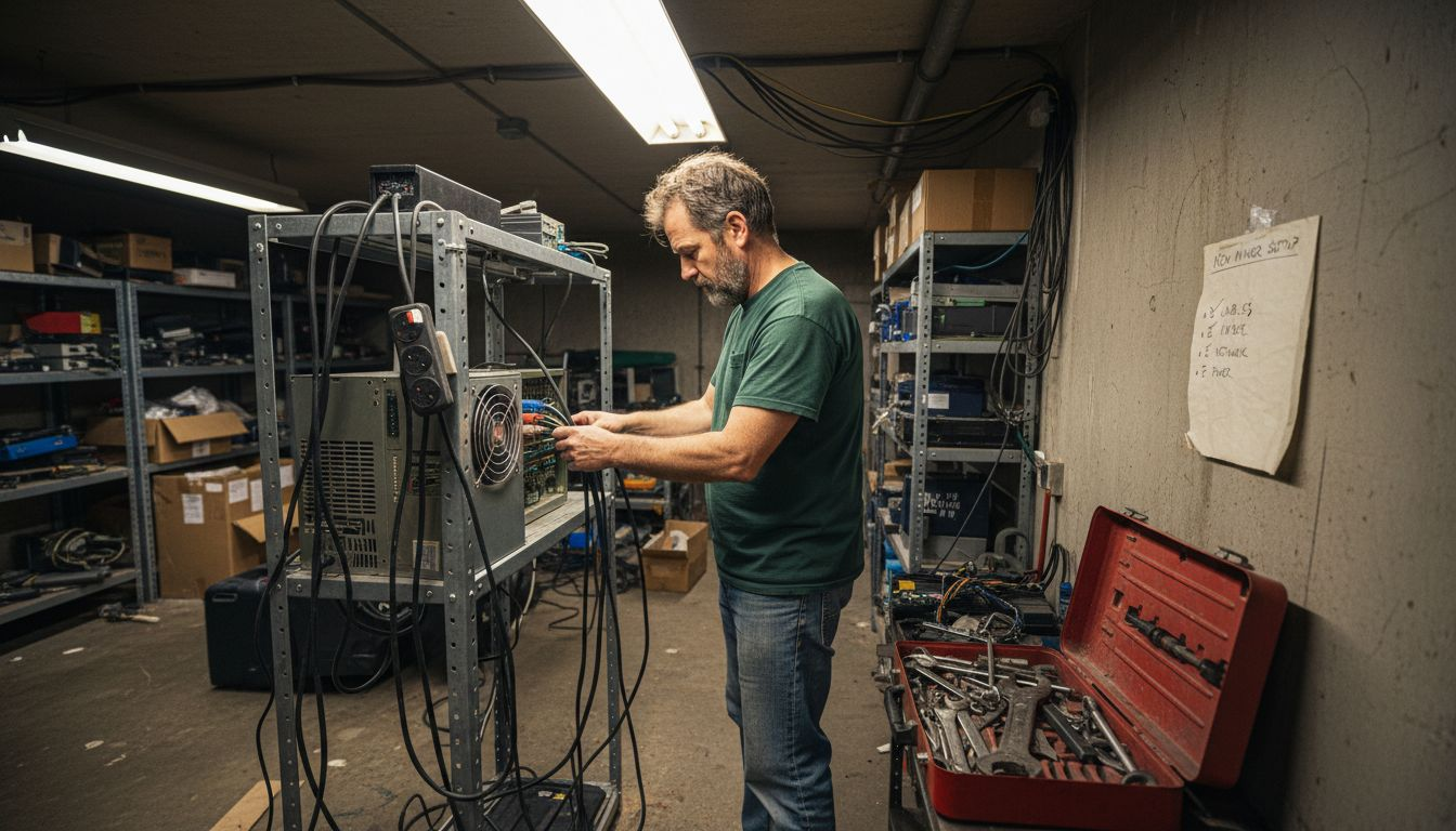 Technician setting up mining hardware workspace