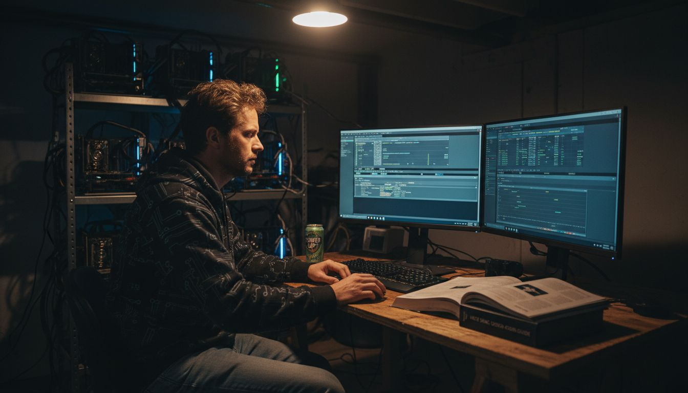 Miner at desk with bitcoin computers