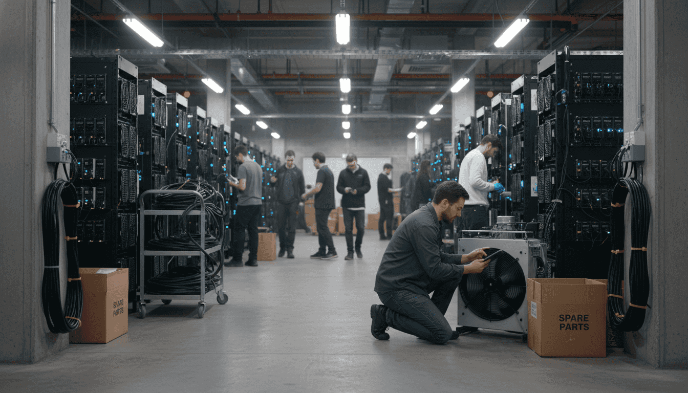 Technician checking machines in buzzing mining farm