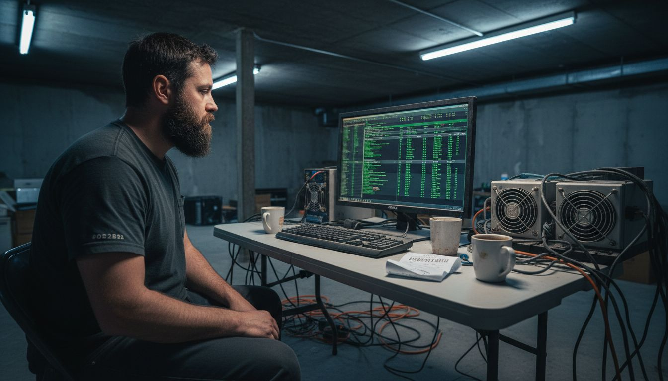 Cryptocurrency miner watching ASIC rigs in basement