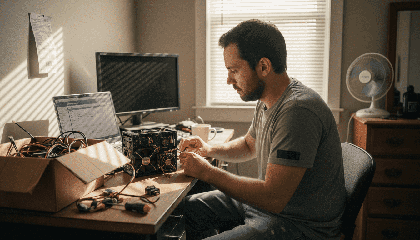 Man setting up ASIC miner at home
