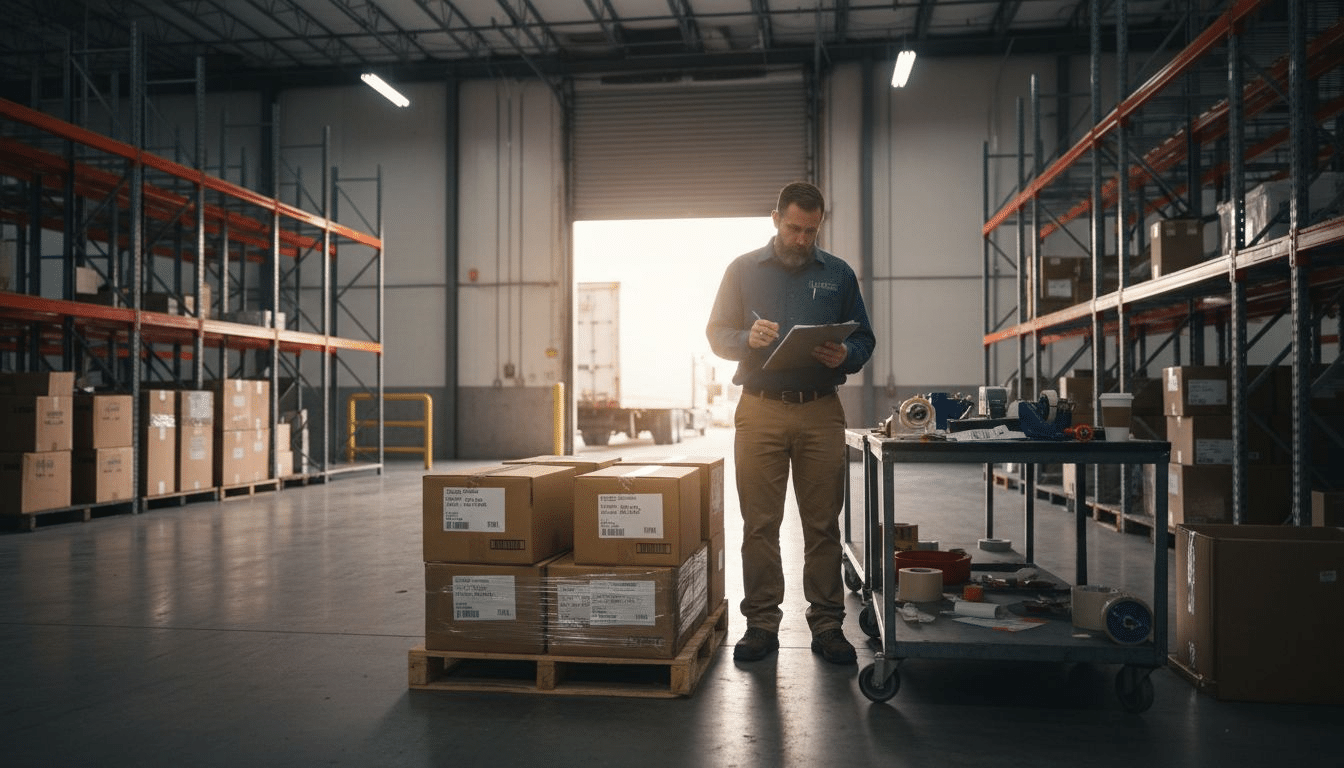 Supervisor checking mining hardware shipment in warehouse