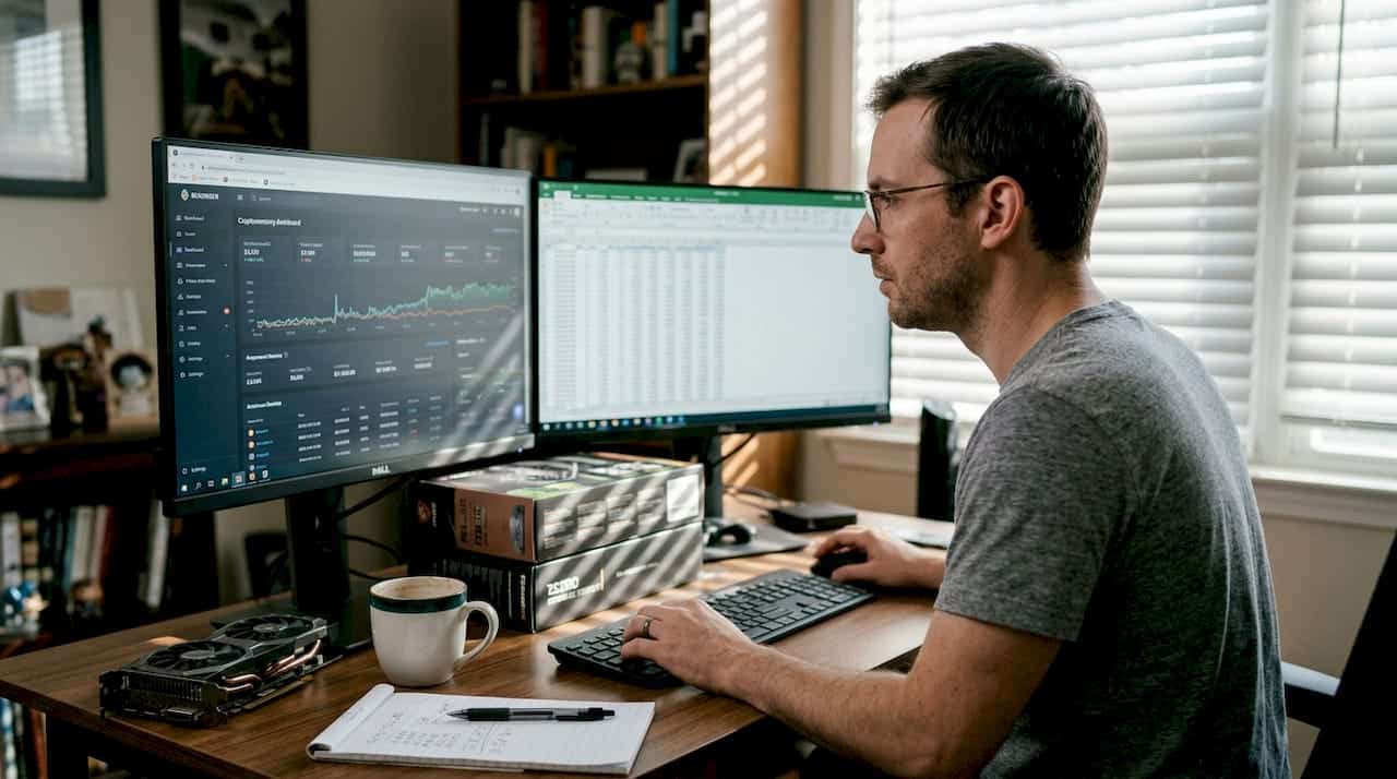 Miner reviewing dashboards at home office desk