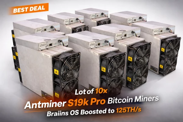 Lot of 10 Antminer S19k Pro Bitcoin miners SHA-256 farm setup
