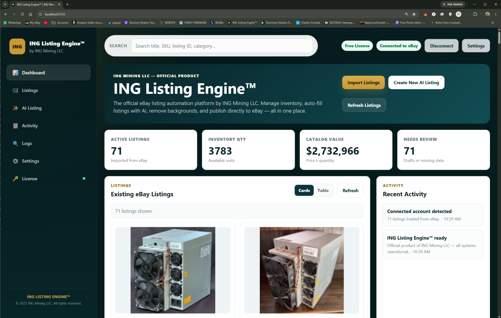 ING Listing Engine dashboard overview — main interface showing listing form and photo grid