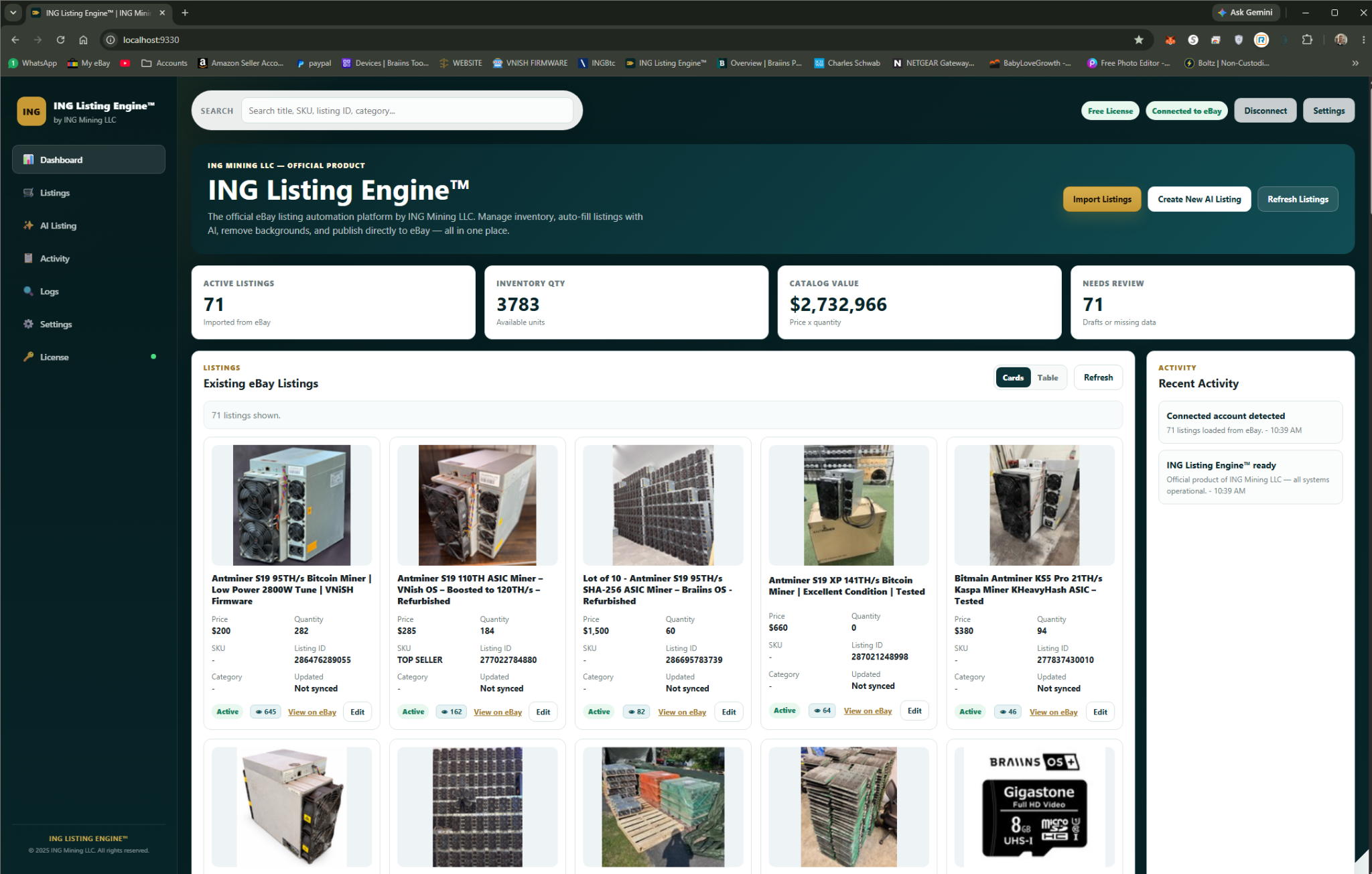 ING Listing Engine inventory dashboard — track published and draft eBay listings