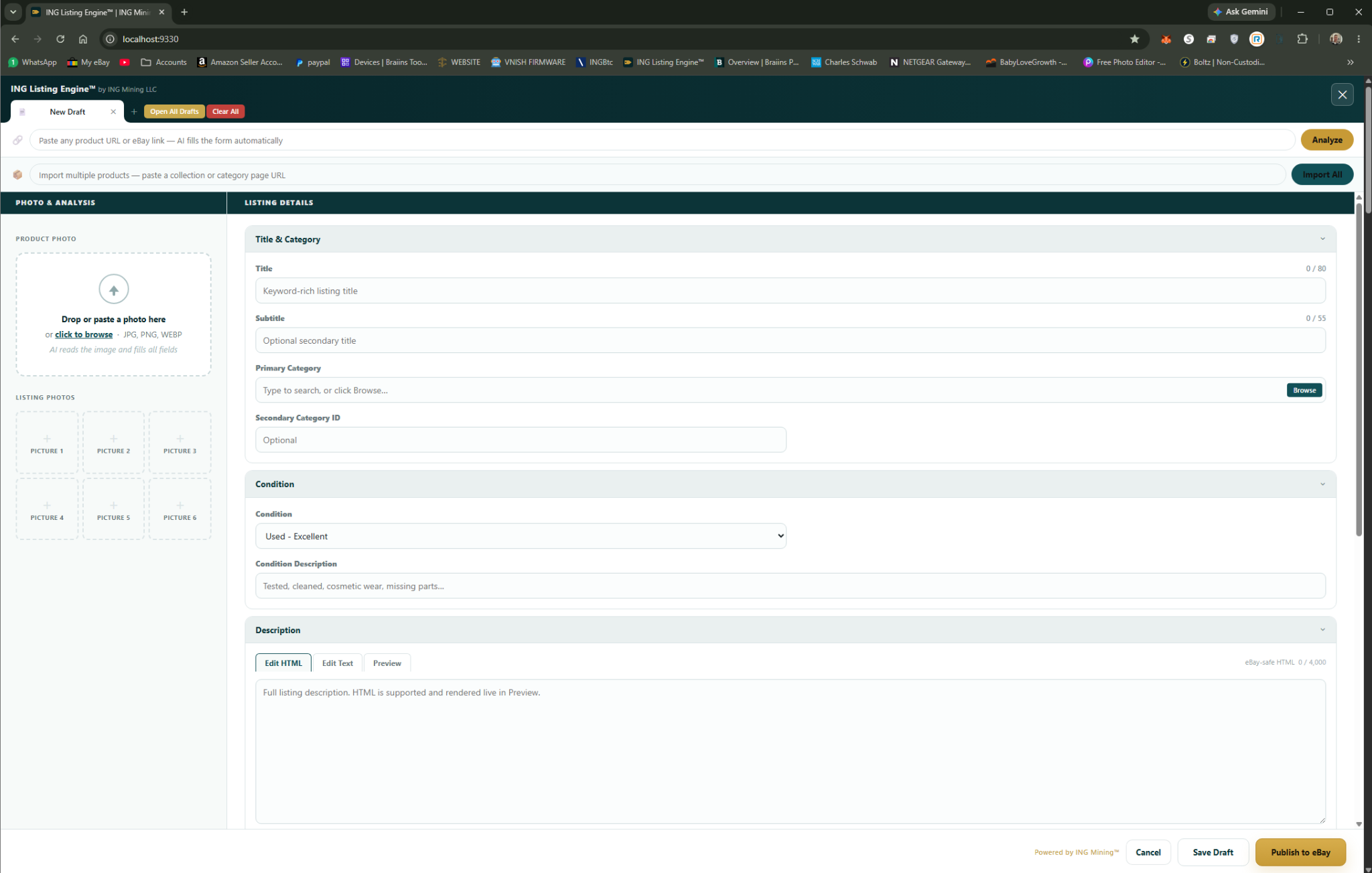 ING Listing Engine URL import screen — paste product URL to auto-fill eBay listing