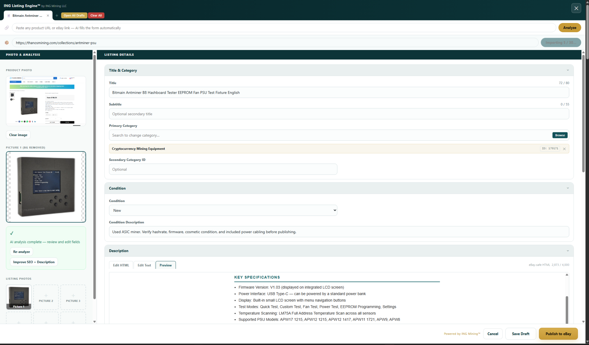 AI autofilled eBay listing — title, description and category populated automatically