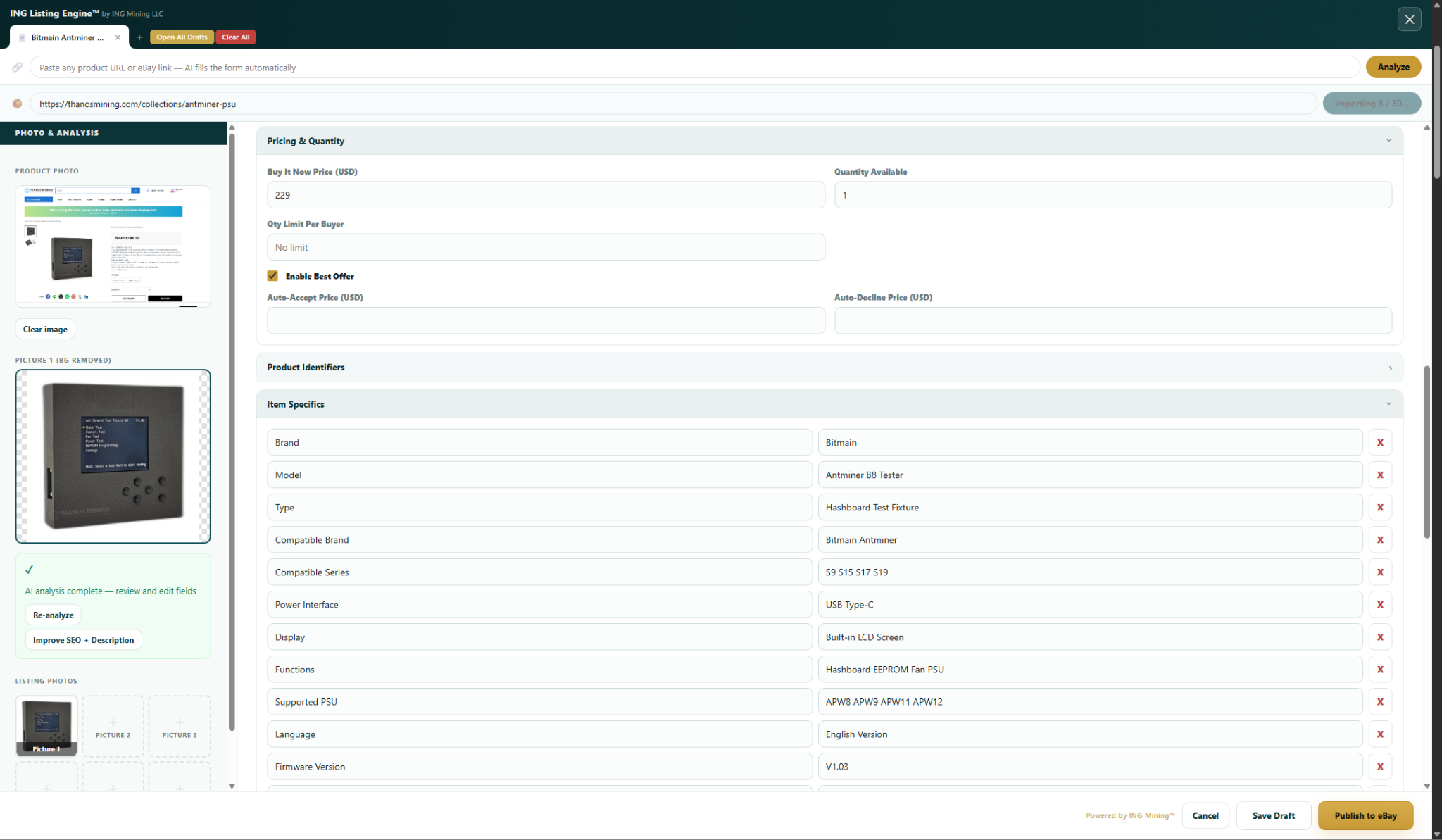 eBay item specifics autofill — brand, model, hashrate, algorithm fields populated by AI
