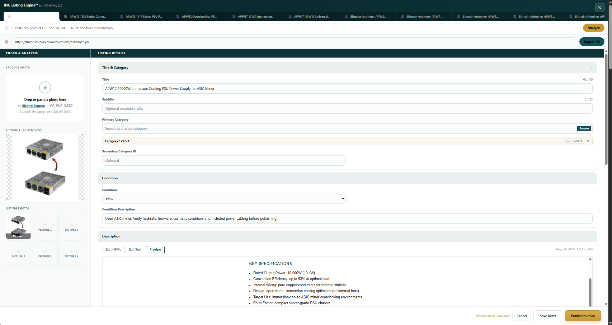 ING Listing Engine multi-tab view showing 10+ bulk imported products in separate tabs, each pre-filled and ready to publish to eBay