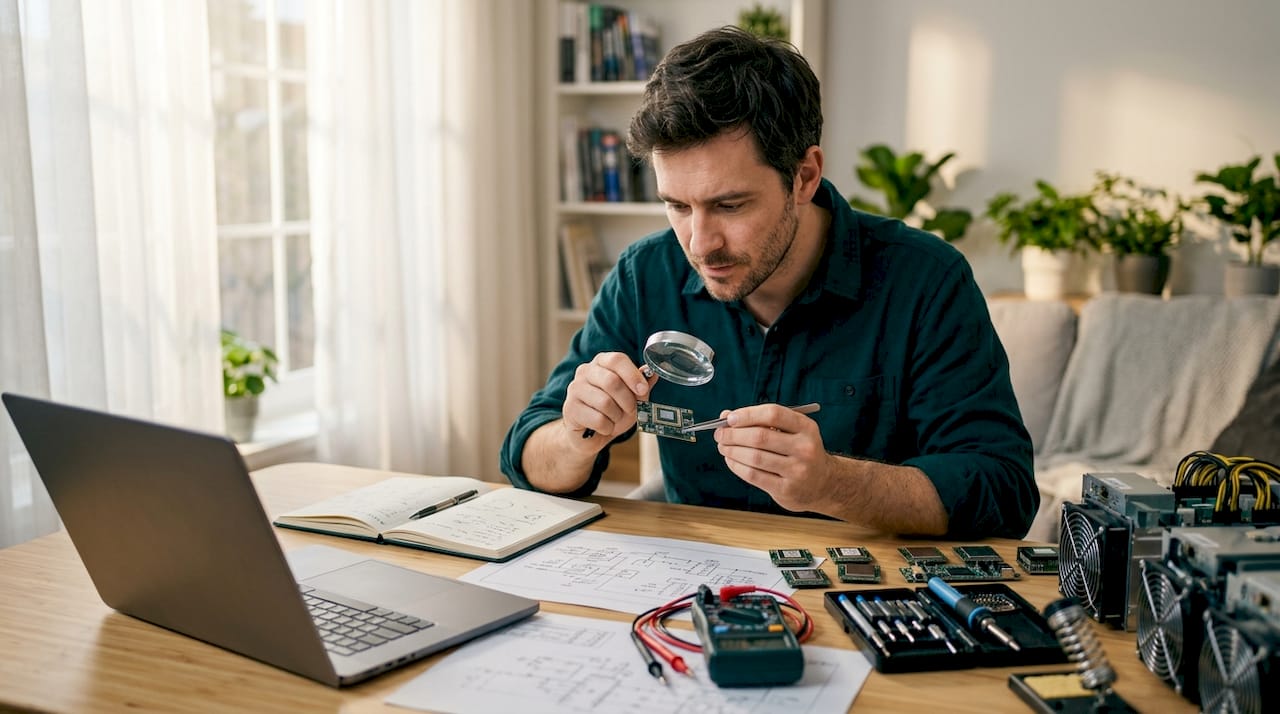 Engineer inspecting ASIC mining chip