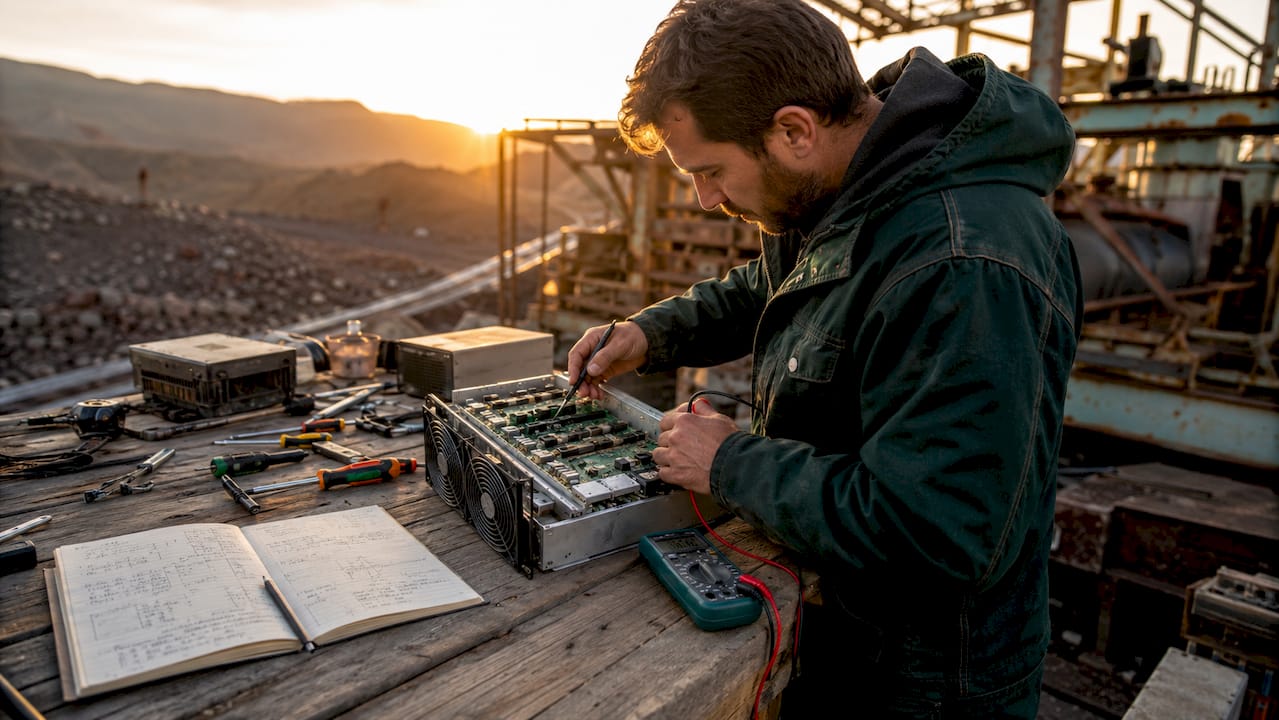 Technician testing ASIC mining hardware in workshop