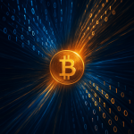 AI-generated digital art of binary code flowing into a Bitcoin coin