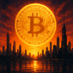 AI-generated digital art of a glowing Bitcoin coin rising over a city skyline