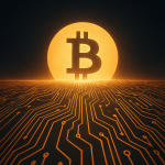 AI-generated digital art of a Bitcoin-shaped sunrise over circuit patterns