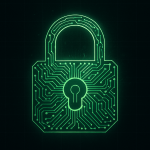 AI-generated digital art of a glowing green blockchain security padlock