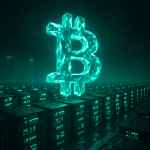 AI-generated digital art of a crystalline Bitcoin symbol above a server farm
