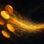 AI-generated digital art of golden coins transforming into light and data
