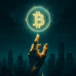 AI-generated digital art of a hand reaching for a holographic Bitcoin symbol