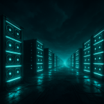 AI-generated digital art of a glowing teal server mining farm at night