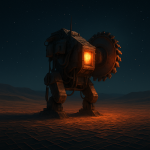 AI-generated digital art of a mining rig in a digital desert landscape