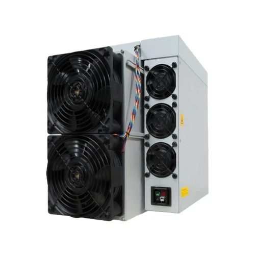 A used Antminer KS5 Pro against a white backdrop, two large intake fans on the left face, three smaller exhaust fans and a power switch on the right.