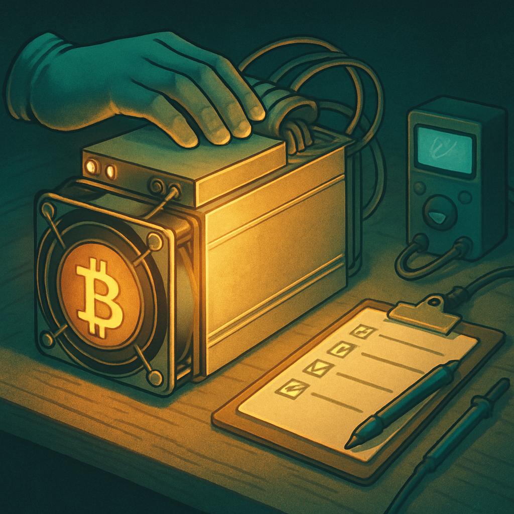 Illustration of an ASIC Bitcoin miner being inspected and tested on a workbench with diagnostic tools