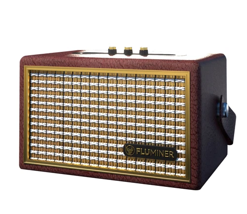 A Fluminer L2 home Scrypt miner in a wood-effect case with a brass-coloured perforated front grille and three small control knobs on top.