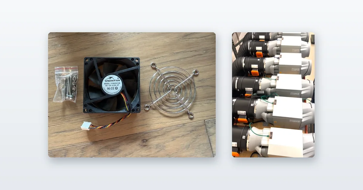 A replacement miner fan with its finger guard and screws and a row of miners lined up and cabled ready to ship.