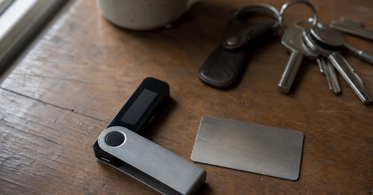 A hardware crypto wallet and a blank metal backup card on a worn wooden desk beside keys and a coffee cup.