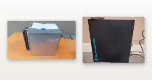 A Bitmain Antminer L-series scrypt miner as it arrived and an ElphaPex DG-series scrypt miner.