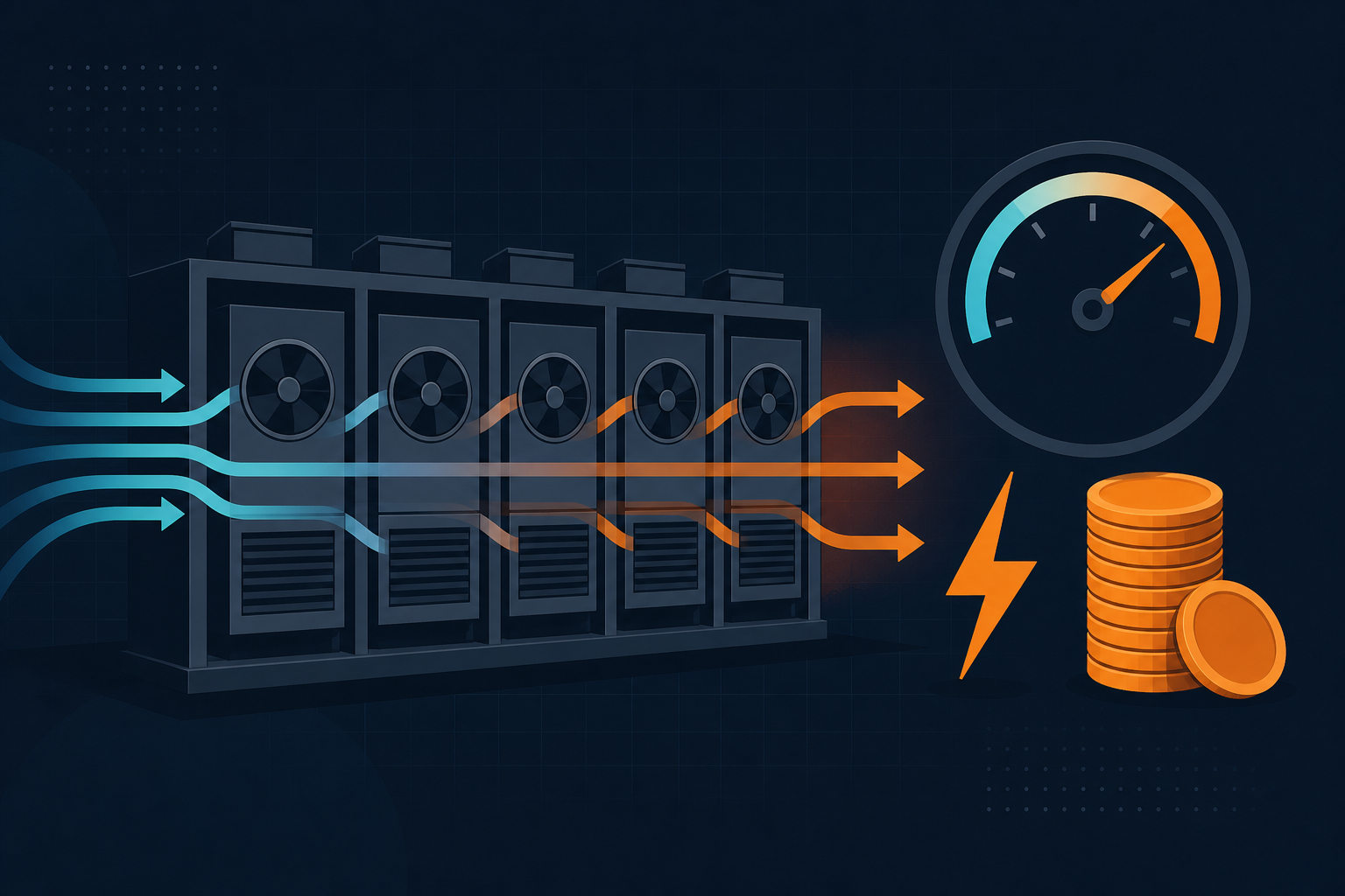 Illustration of a row of ASIC miners in a rack with airflow arrows, a cost dial, a lightning bolt and a stack of coins, representing the running cost of mining hardware