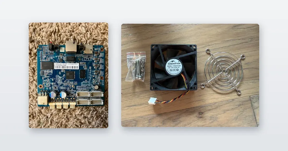 A Bitmain Antminer control board out of its chassis and a replacement miner fan with its finger guard and screws.